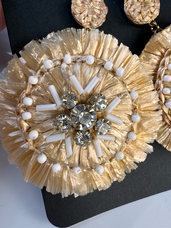 J.Crew Raffia Crystal Statement Earrings Natural Gold Boho Resort Large NWT - Picture 5 of 9